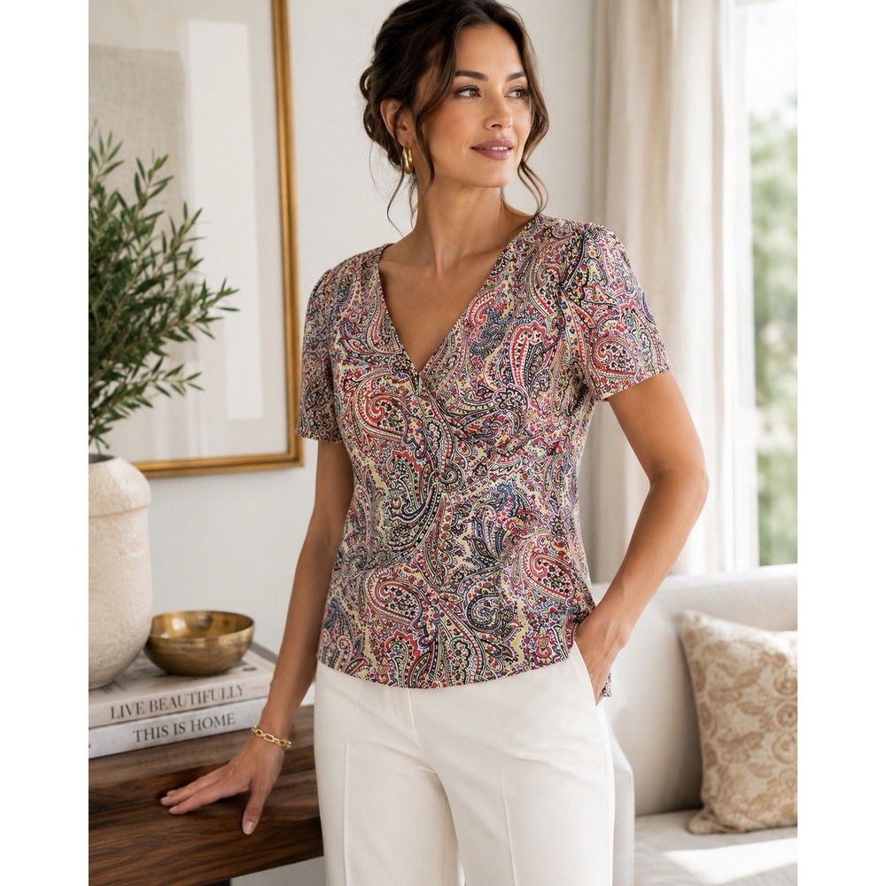 Talbots Silk Blend Paisley Blouse Women's Size 10 Side Zip Short Sleeve Top